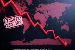 "A high-contrast graphic featuring a stock market chart with a sharp red decline, overlaid with a 'TARIFFS: 25% / 10%' stamp, alongside a stylized world map showing disrupted trade routes between North America and East Asia. The tagline 'Markets Reel as Tariffs Hit – March 4, 2025' appears in white at the bottom on a black background."